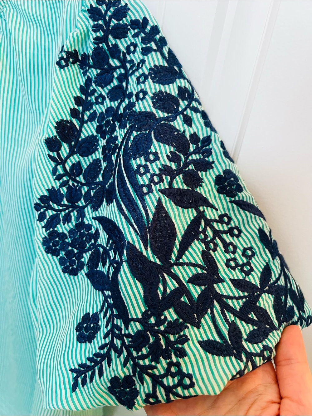 THML Aqua & White Striped Top with Navy Embroidered Puff Sleeves - Picture 6 of 9